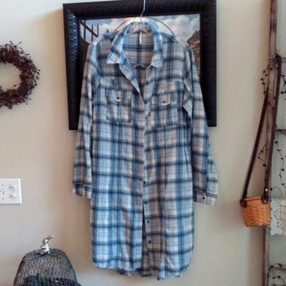 Free People Blue and White Plaid Button-Up Tunic